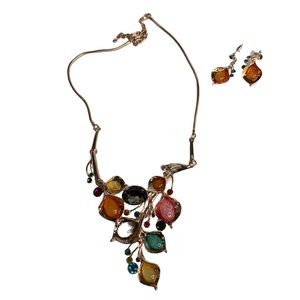 Gold Tone Crystal Flowers Bib Statement Necklace Set